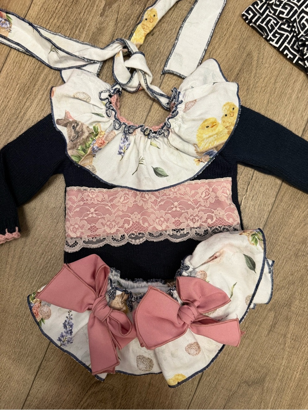 Navy & Pink Floral Lace Baby Dress with Ruffle Collar n bow n bloomer skirt 03 m